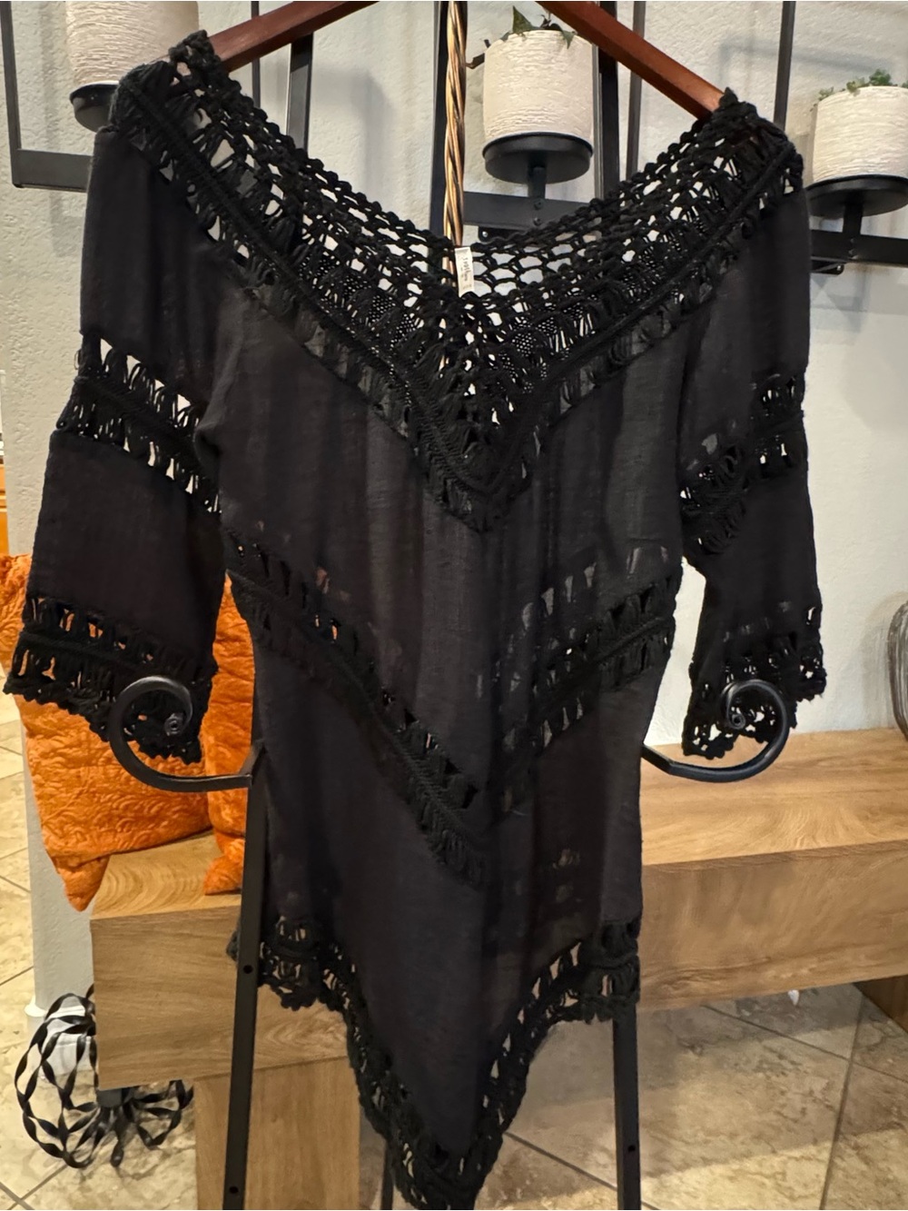 India Boutique Black Crochet V-Neck Swim Coverup Poncho